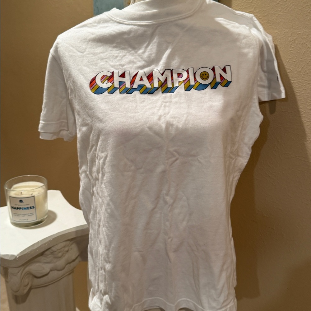 Champion White Tee with Multicolor Logo